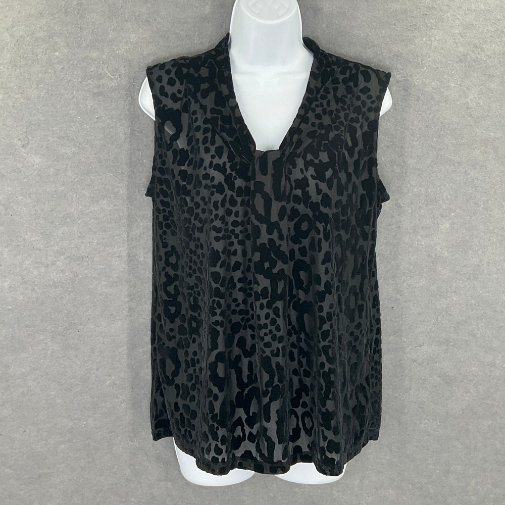Dana Buchman Top Womens L Black Velvet Leopard Print Sheer Whimsigoth Romantic